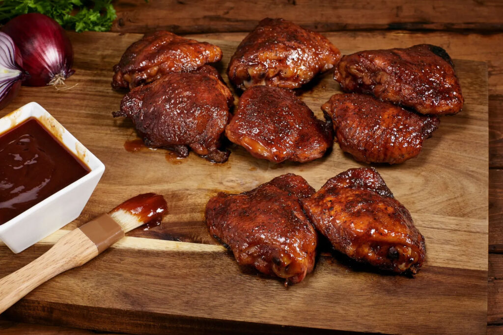 Smoked chicken thighs on wooden chop board with dipping sauce